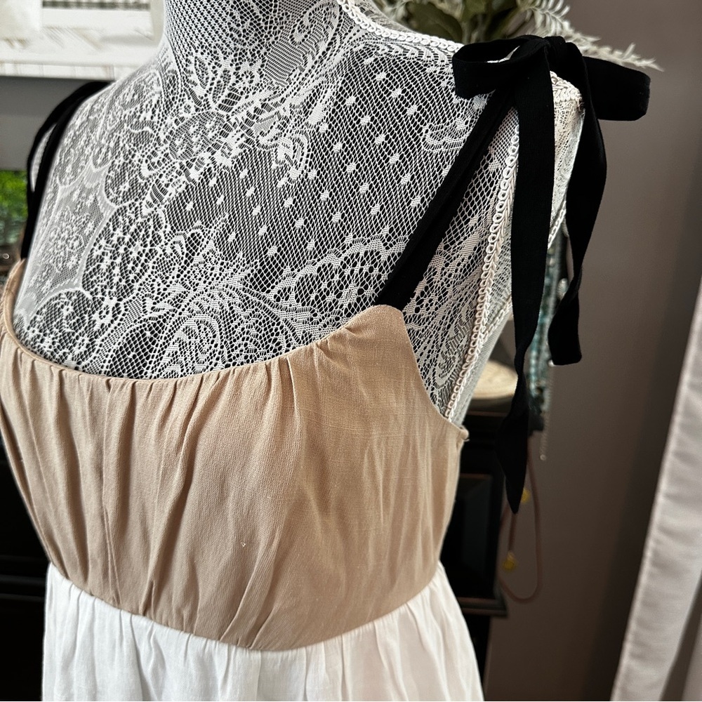 Mi Ami Colorblock Tiered Mini Dress Tie Straps Neutral Boho Medium - Picture 8 of 16